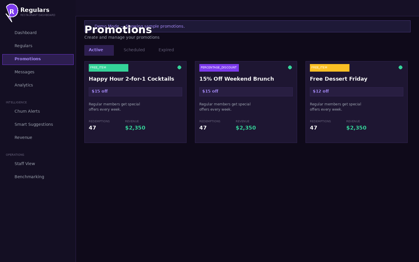 Promotions management with active offers and redemption tracking