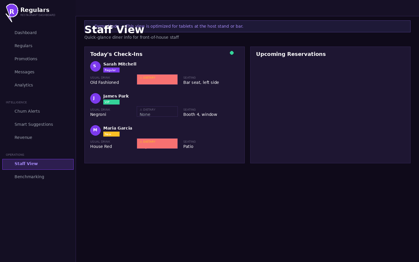 Staff View for front-of-house